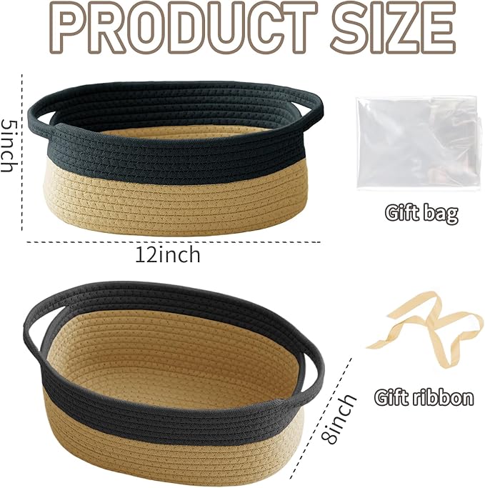 Woven Basket,Small Rope Storage Bin with Handles & Ribbon Bag, Organizer for Shelves Closets,Gift Basket Empty for Birthday,Books,Dog Toys, Black&Jute/2 Pack