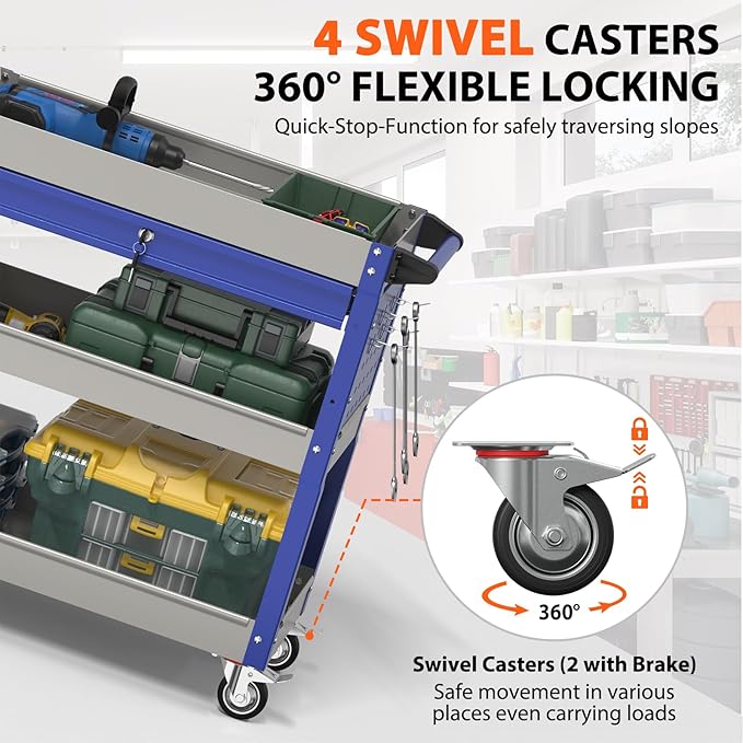 3 Tier Tool Cart with Drawers, Heavy Duty Rolling Utility Cart On Wheels, Large Storage Capability Service Cart for Garage, Warehouse and Tool Room (Gray&Blue)