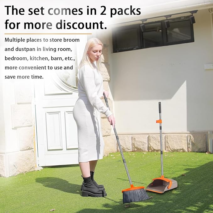2-Pack is More economical，Upgraded Upright Broom and Dustpan Combo with 52" Long Handle, Dustpan Teeth with self-Cleaning Function, Indoor and Outdoor Sweeping, Perfect for Home Office.