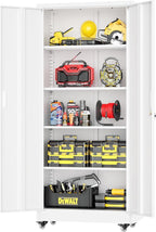 Greenvelly 73" Metal Storage Cabinet with Wheel and Pegboard, Lockable White Metal Garage Cabinets with 2 Doors and 4 Adjustable Shelves, Rolling Steel Tool Cabinet for Garage, Home Office, School