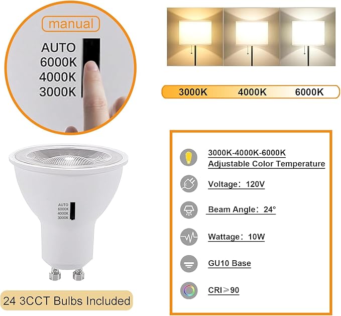 Dimmable LED GU10 White Track Lighting Kit with Replaceable GU10 Bulbs,24-Pack All-in-One Plug in 3CCT Ceiling Spotlights with 26FT Track Rails, Accent Lighting for Home, Store, Moblie Cart and Office