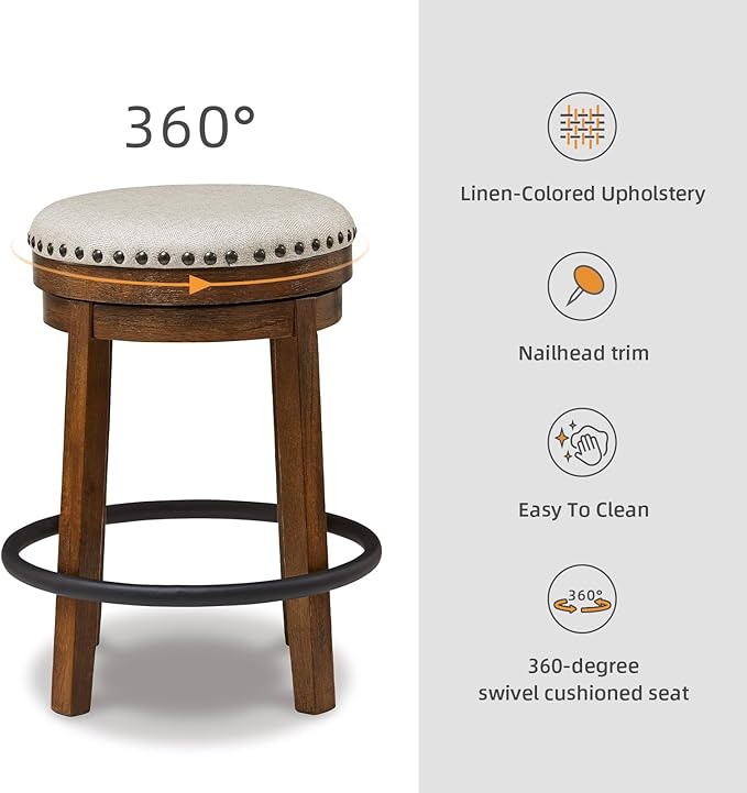 Signature Design by Ashley Valebeck Upholstered Swivel Stool, Cushioned Seat, Woven Fabric Upholstery, Wood, 24" H, Brown & Black