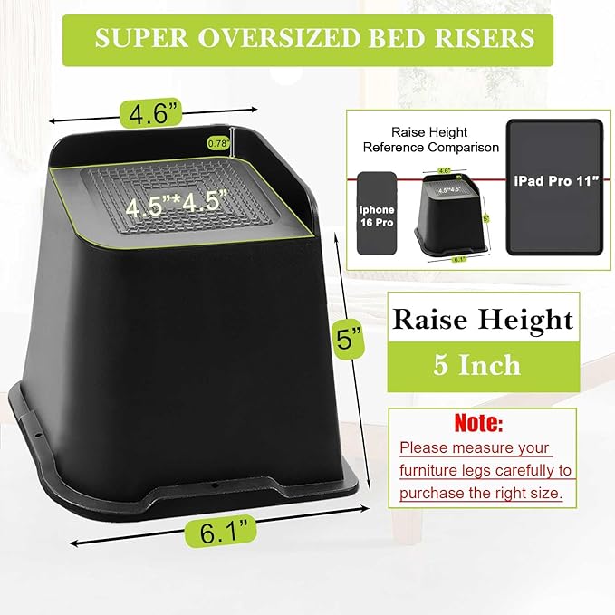 Bed Risers 1 inch, 2 inch, 3 inch, 4 inch, 5 inch, 6 inch, 8 inch Heavy Duty, Oversized Furniture Riser for Couch Sofa Table Chair Leg Frame Dorm, Support up to 6000 Lbs (Black 6 Pack, 5 inch)