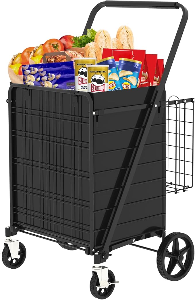 CHARMMA Large Shopping Cart with Brake,Grocery Cart on Wheels, Foldable Utility Shopping Carts with Double Basket and 360° Rolling Swivel Wheels for Groceries Laundry