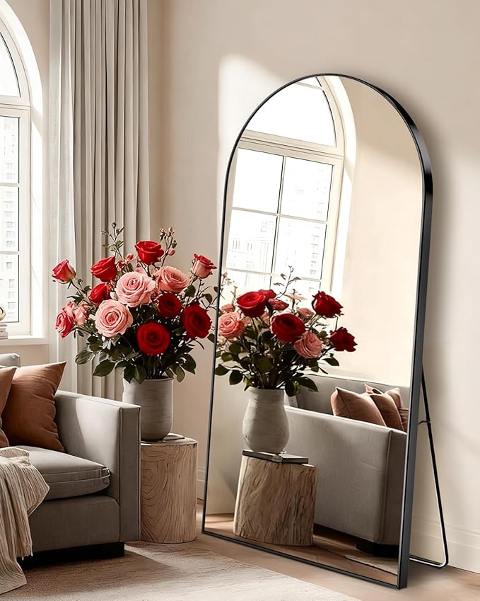 EOGOW 71" x 31" Arched Full Body Mirror,Standing or Leaning Tempered Glass Shatterproof Full Length Mirror with Stand for Bedroom Living Room Entryway,Black