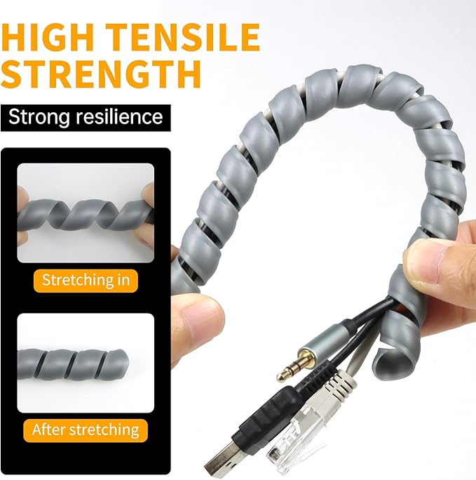 Spiral Wire Wrap, 9.84ft, 16.4ft, 33ft Spiral Cable Wrap Sleeve Hose for Computer, Power, Audio & Video Cords Stop Cord Tangle and Detangler (Grey, 8mm (5/16")-33ft)