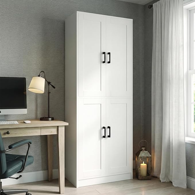 71" Tall Kitchen Pantry Cabinet, Freestanding Food Storage Organizer with Doors & Adjustable Shelves, Large Utility Hutch Cupboard for Dining Room, Living Room, Bathroom & Home Office, White
