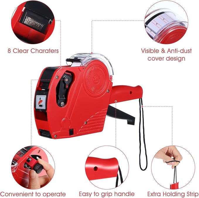2 Pack Pricing Gun - 8 Digits Price Tag Gun with 8000 Labels & 4 Ink Rollers Kit Red Pricing Label Maker for Retailer,Supermarket