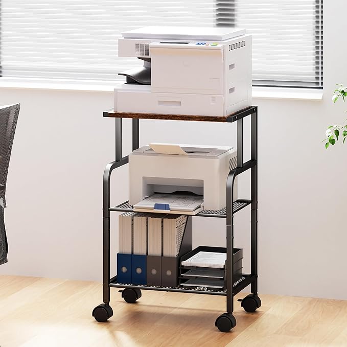 Printer Cart with Wheels,Small Printer Stand with Storage, Printer Table for Home Office, 3 Tier Cart with Adjustable Shelf, Supports Up to 80 Lbs for Home Office, Kitchen, Living Room