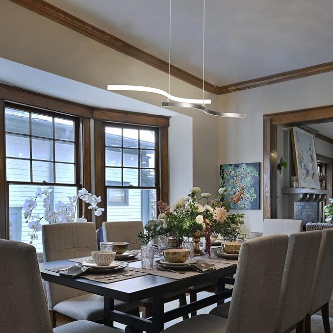 EDISLIVE Modern Wave LED Island Light, 40" Linear Stepless Dimmable Pendant Light Kitchen Island Adjustable Height Ceiling Pendant Nickel