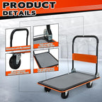 660lbs Large Size Heavy Duty Orange Flatbed Cart, Folding Steel Platform Hand Truck with 360° Silent Swivel Wheels, Utility Dolly for Storage & Moving