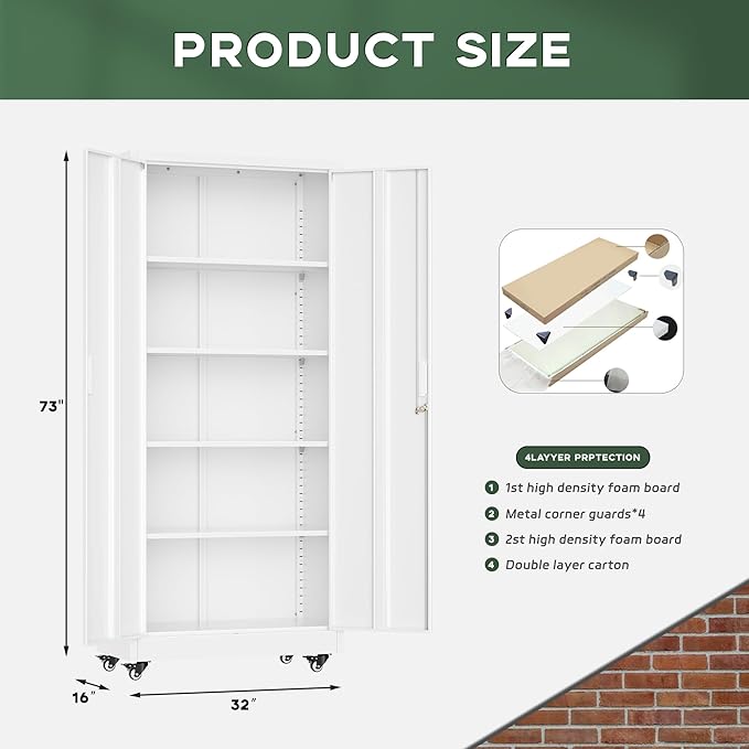 Greenvelly Metal Storage Cabinet with Wheels, 73" H Lockable Rolling Storage Cabinets with Doors and 4 Adjustable Shelves, Large Steel Cabinet for Garage, Office, Home, School (White)