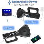Rechargeable Spotlight, 3,000,000L High Lumens Led Spot Lights Outdoor Handheld Super Bright Powerful Long Range Flashlight with 4 Modes, Tripod, USB C, IPX5 Waterproof for Fishing Boating Camping