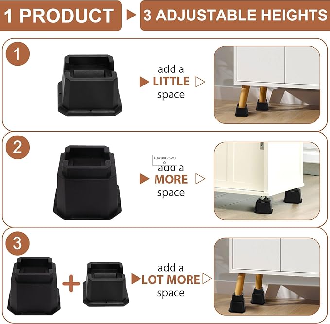 shouwuhho Bed Risers 6 inch, Furniture Risers Elevation in Heights 6 Inch Heavy Duty, Bed Lift Risers for Caster Wheels or Posts of Bed Table Couch, Support up to 6000 lbs, Black, 4 Pack