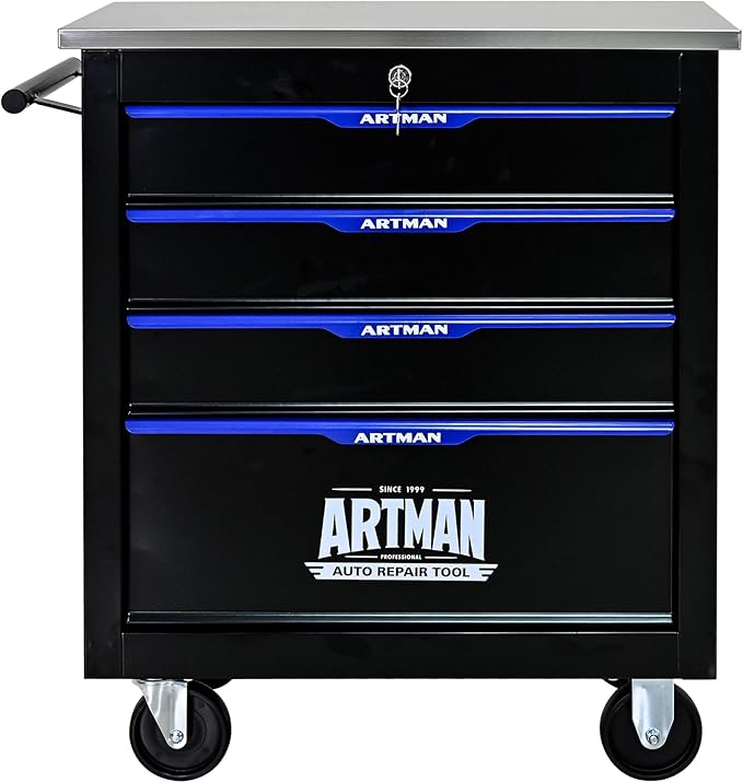 4 Drawer Rolling Tool Chest with Locker, 25.9" D Metal Movable Lockable Tool Cart Box Multi-Functional Hardware Storage Cabinet Box for Warehouse Basement Home Pantry Garage