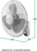 Comfort Zone Oscillating Wall Mount Fan with Adjustable Tilt, 16 inch, 3 Speed, Metal Grille, 90 Degree Oscillation, Airflow 14.07 ft/sec, Ideal for Home, Bedroom, Gym & Office, CZ16W