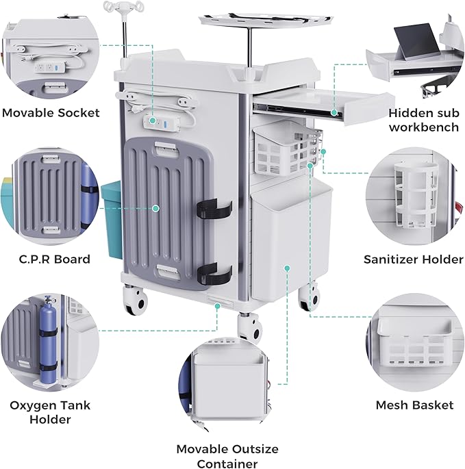 Medical Rolling Crash Cart with Integrated Medical Countertop -CPR Board, IV Pole, O2 Holder, Trash Bin, Silent Casters, Drawers with Dividers, Nursing Cart for Clinic, Hospital, Nursing Center