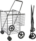 Folding Shopping Cart, Jumbo Grocery Cart with Double Baskets, 360° Swivel Wheels, Heavy Duty Utility Cart, 132 LBS Large Capacity Utility Cart for Groceries Laundry Book Luggage, Black