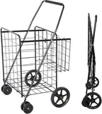 Folding Shopping Cart, Jumbo Grocery Cart with Double Baskets, 360° Swivel Wheels, Heavy Duty Utility Cart, 132 LBS Large Capacity Utility Cart for Groceries Laundry Book Luggage, Black