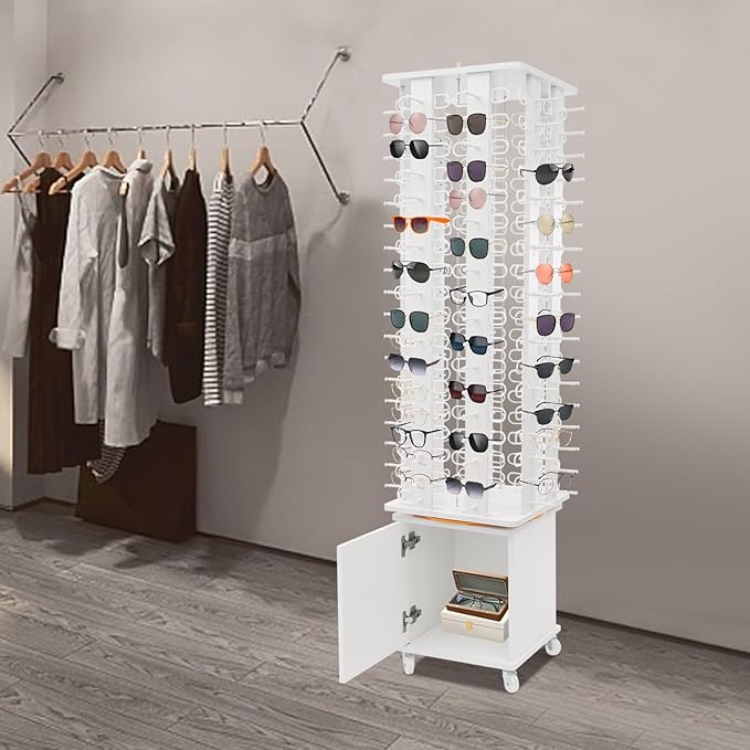 Sunglasses Display Stand, 144 Pairs Wooden 360° Rotating Sunglass Eyeglass Holder Organizer, Glasses Hanger Storage Rack for Retail Commercial Display, W14.6*H66.1in (White)
