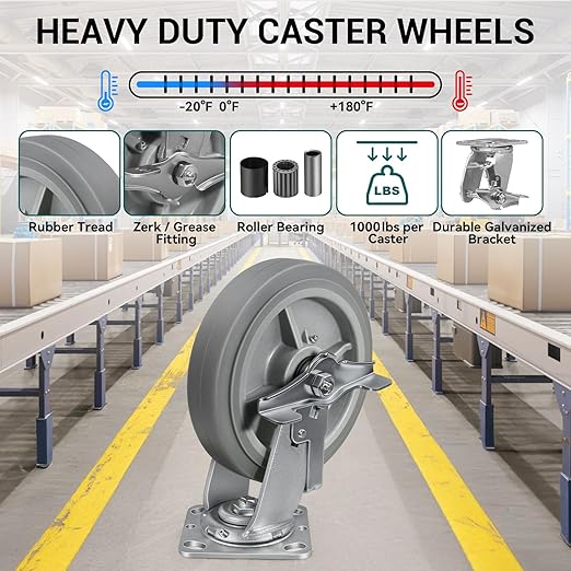 8'' × 2'' Caster Wheels, Heavy Duty Industrial Casters, Rubber Wheels with Roller Bearing, Load 1000lbs per Swivel Caster for Cart Dolly Toolbox Trolley (2 Brake)