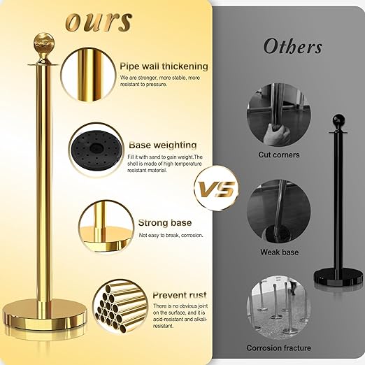 8PCS Gold Stanchions Posts with 4PCS 5 ft Red Velvet Rope, Red Velvet Rope Stanchion Set Crowd Control Barriers, Stanchions and Velvet Ropes Red Carpet Poles for Party Supplies