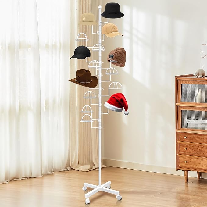 Montex Freestanding Hat Rack Stand, Metal Hat Organizer Rack with 15 Customisable Circular Hooks, Hats Tree Stand Floor Standing Hat Display, White