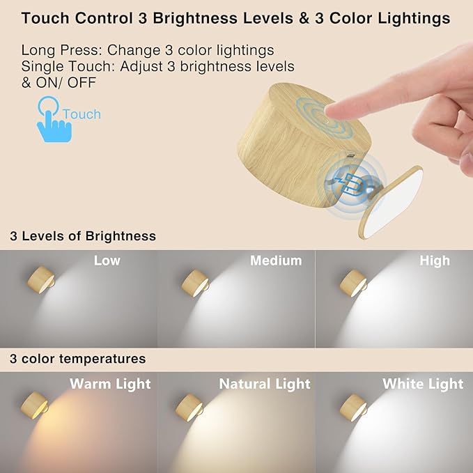Battery Operated Wall Light, LED Wall Sconce with 3 Color Modes 3 Brightness Levels 360°Rotation Lighting Touch Control, Wall Mounted Lamp Cordless Wall Lamp for Bedroom Reading Bedside-1Pack