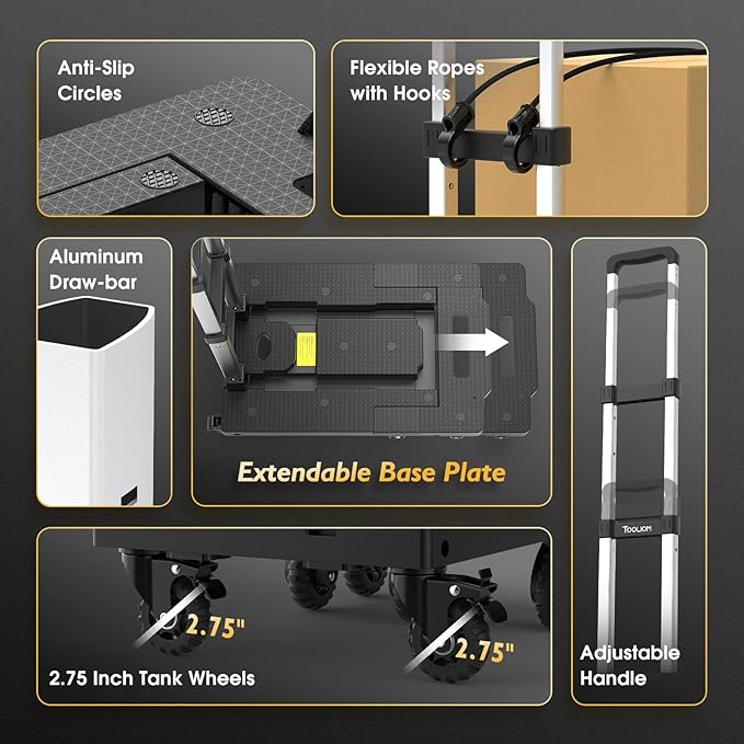 TOOLIOM Folding Hand Truck, 600 lbs Heavy Duty Foldable Luggage Cart with 7 Tank Wheels, Portable Collapsible Dolly Cart with Extendable Base, Utility Cart with Brake Wheels
