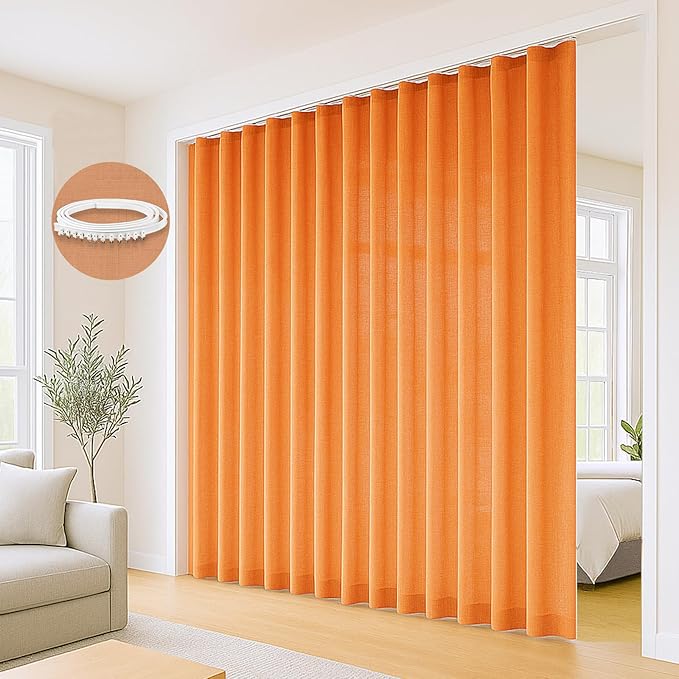 Faux Linen Semi Sheer Room Divider Curtain with Flexible Curtain Track, Light Filtering Privacy Drapes for Window Sliding Glass Door, Living Room Bedroom, Sunset Orange, 72" W x 96" L,1 Panel