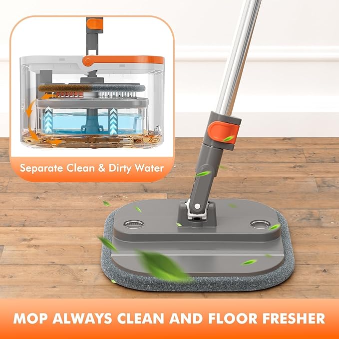 Upgraded Spin Mop and Bucket System Set, Self Separate Clean and Dirty Water, Foldable Square Standing Mop Head with Microfiber Mop Pads, Detachable Bucket (Grey+Orange, Mop Set with 2PC Pads)