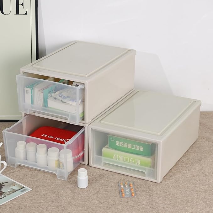 12 Quart Stackable Plastic Drawer Unit, Stacking Desktop Drawer Boxes, 3 Packs