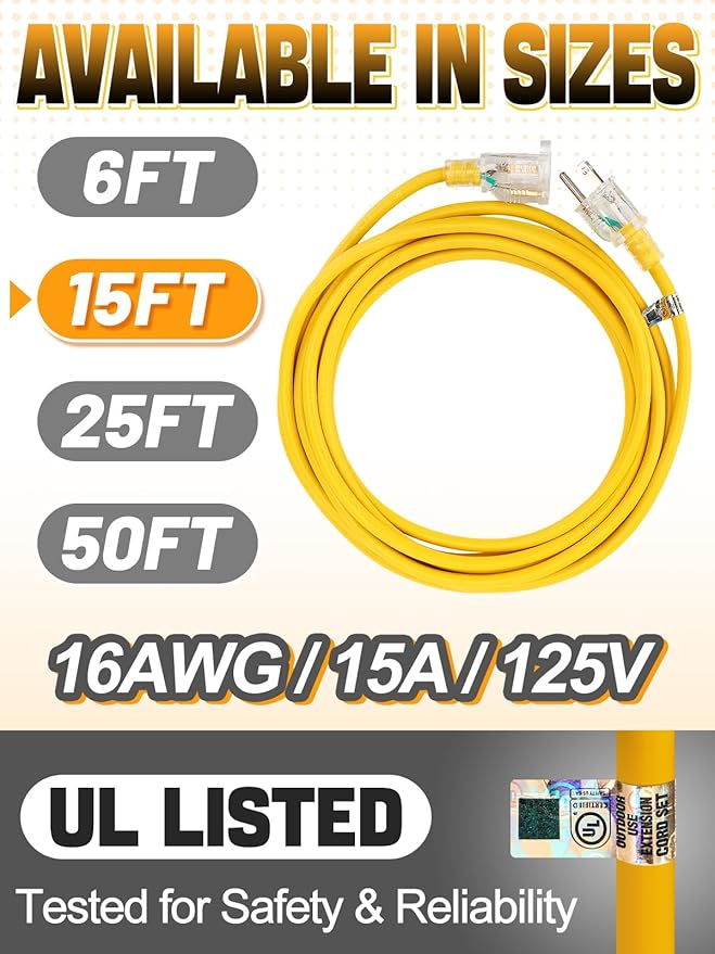 Lighted End Heavy Duty Outdoor Extension Cord Waterproof -16AWG, 3 Prong, 15A, 1875W, Flexible Yellow Power Extension Cord for Outsides, 15ft