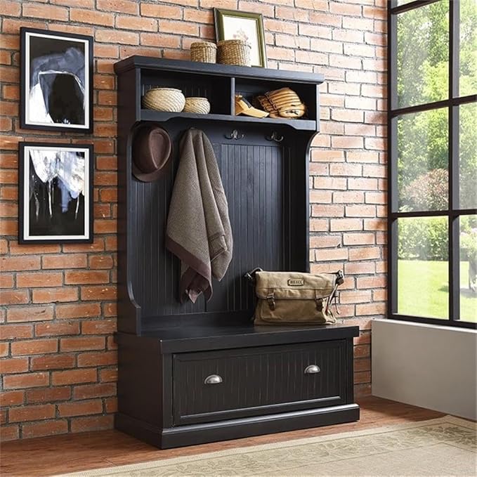 Pemberly Row Tall Entryway Hall Tree with Storage Bench in Distressed Black