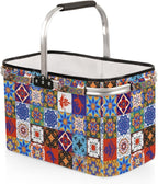 Boho Collapsible Market Basket, Mexican Talavera Tile Leakproof Folding Collapsible Portable Picnic Basket Strong Aluminum Frame for Travel, Shopping, Camping & Lake Trips
