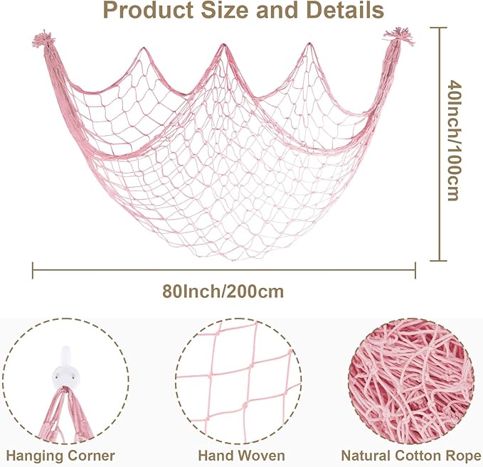 2 Pack Fish Net Decorations, 80x40 Inch Light Pink Fishing Net Decor for Under The Sea Mermaid Beach Theme Party, 3mm Thick Natural Cotton Versatile Nautical Netting for Party Wall Table Ceiling Decor