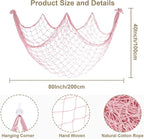 2 Pack Fish Net Decorations, 80x40 Inch Light Pink Fishing Net Decor for Under The Sea Mermaid Beach Theme Party, 3mm Thick Natural Cotton Versatile Nautical Netting for Party Wall Table Ceiling Decor