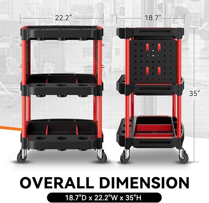 Auto Dynasty 3-Tier Rolling Cart Trolley Detailing Cart with 9 Cup Holders and 2 Pegboards 120 kg/260 Lbs Capacity on Wheels Fits Garage, Home, Storage, Warehouse, and Workshop Use, Black/Red