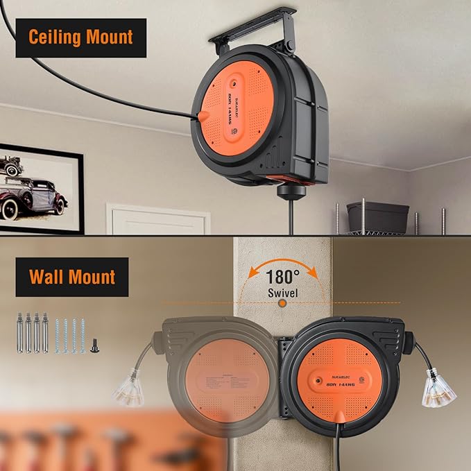 SURAIELEC 80 FT Retractable Extension Cord Reel, 14 AWG SJTOW Power Cord for Garage & Workshop, 10A Circuit Breaker, Wall/Ceiling Mount, Upgraded Anti-Tangle Roller Design, ETL Listed, Orange