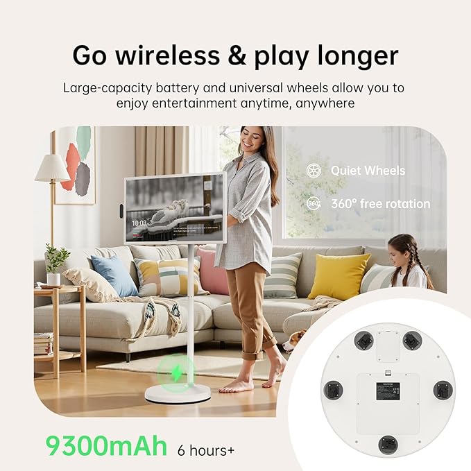 ApoloSign 32 inch FHD Smart Portable TV Gen2, 16G +128G Storage, Android 15 OS, 15000mAh, Rolling TV on Wheels with Rotatable Touch Screen, Built-in Battery, Full Swivel Rotation, Voice Remote