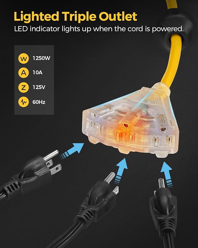 Retractable Cord Reel, 75 FT Heavy Duty Extension Cord, 14AWG/3C SJTOW, 3 Grounded Outlets Lighted Triple Tap, 10A Circuit Breaker, Wall/Ceiling Mounted, UL Listed, Yellow Y75CR06