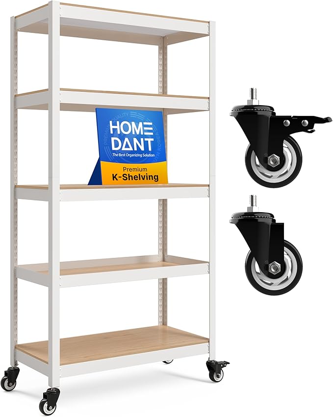 HOMEDANT House 5-Tier Metal Rolling Cart Shelf Rack Casters Heavy Duty Laminated Wheel Shelving Unit Adjustable Utility Storage Shelves Organizer Shelf Kitchen Garage (1, (M) 36.2" W, White)