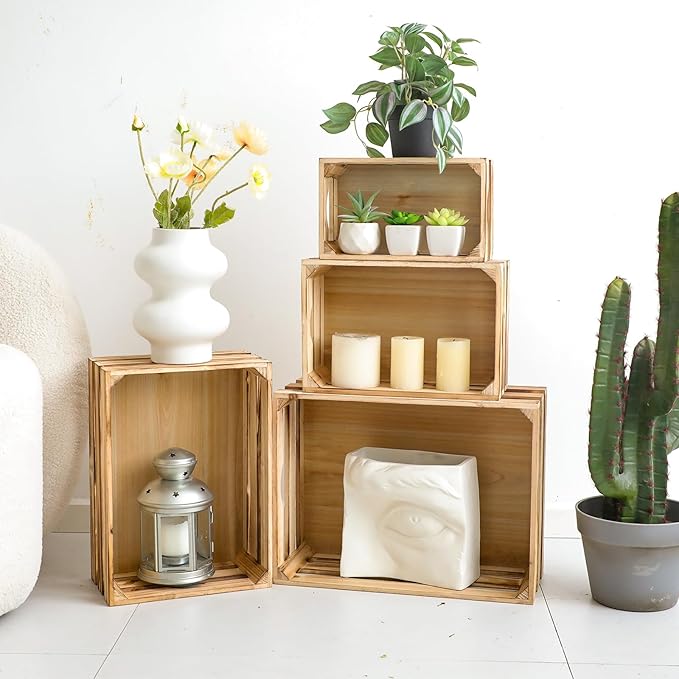 Large Torched Wood Storage Crates Decorative, Set of 4 Nesting Wooden Crates for Display Rustic, Farmhouse Wooden Storage Container Boxes Made from 100% Wood