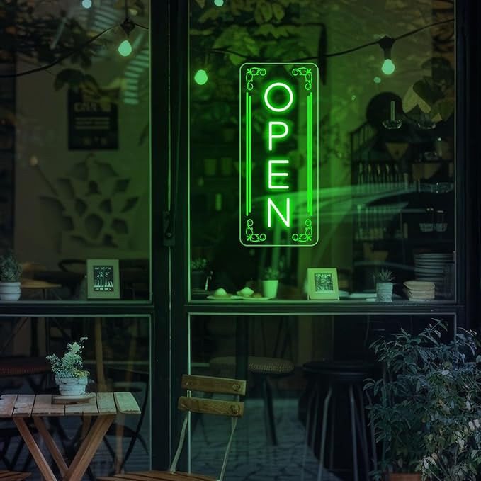 Vertical LED Open Signs for business – Super Bright - UV Printing Pattern, Remote Included - Large Size 14x35'' - Neon Open Sign for Café, Bar, Shop & Business Sign (Green)