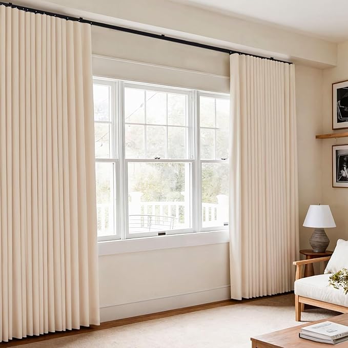Room Divider Blackout Curtains Flexible Sliding Tracks Sets Ceiling Mounted Rod Window Curtain Privacy Separation for Bedroom Living Rooms,1 Panel Beige Drape and Black Track Set-W108xH96 in