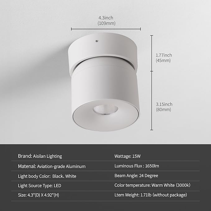 Aisilan Dimmable Ceiling Spotlight, Modern LED Wired Spotlight Indoor,15W Spot Light 350° Directional Lighting, Wall Spot Lights for Picture Panting Living Room Bedroom, 3000K CRI 97, White