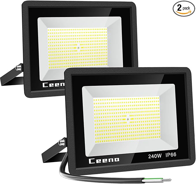 Ceena 2 Pack 240W Hardwired LED Flood Light Outdoor, 24000lm Super Bright Floodlight, IP66 Waterproof 6000K Daylight White Exterior Lights for Basketball Court, Playground, Stadium