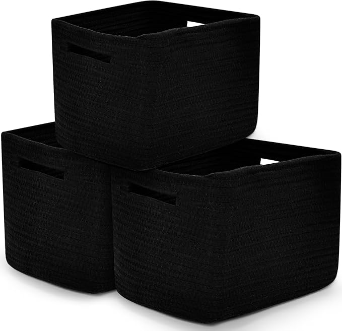 3 Pack Shelf Woven Storage Basket, 15 x 10 x 9” Closet Rope Baskets For Organizing, Square Bins with Handles, Black