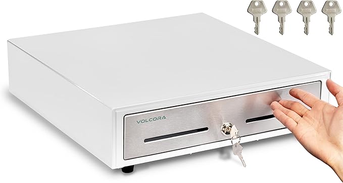Volcora 16" Manual Push Open Cash Register Drawer for Point of Sale (POS) System - White and Stainless Steel Front Touch Panel - Durable with Removable Tray, 5 Bills and 8 Coin Slots, Key Lock