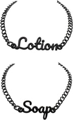 Soap and Lotion Label Tags – Handwritten Zinc Alloy Dispenser Charms – Rust Resistant- Elegant Black Finish – Vintage, Modern, Minimalist Decor – 2-Pcs